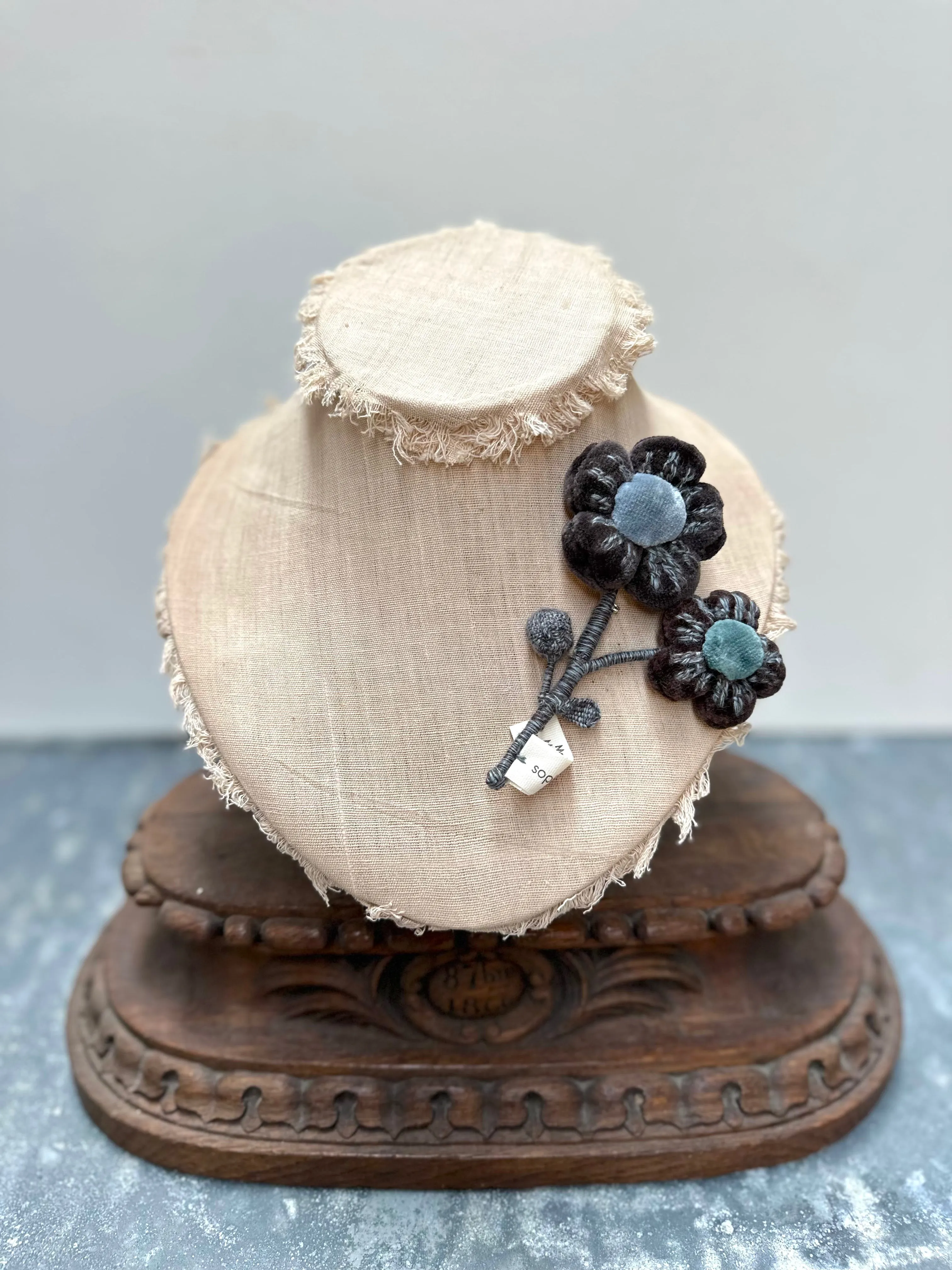 Sophie Digard Blue Velvet Flower Branch Brooch