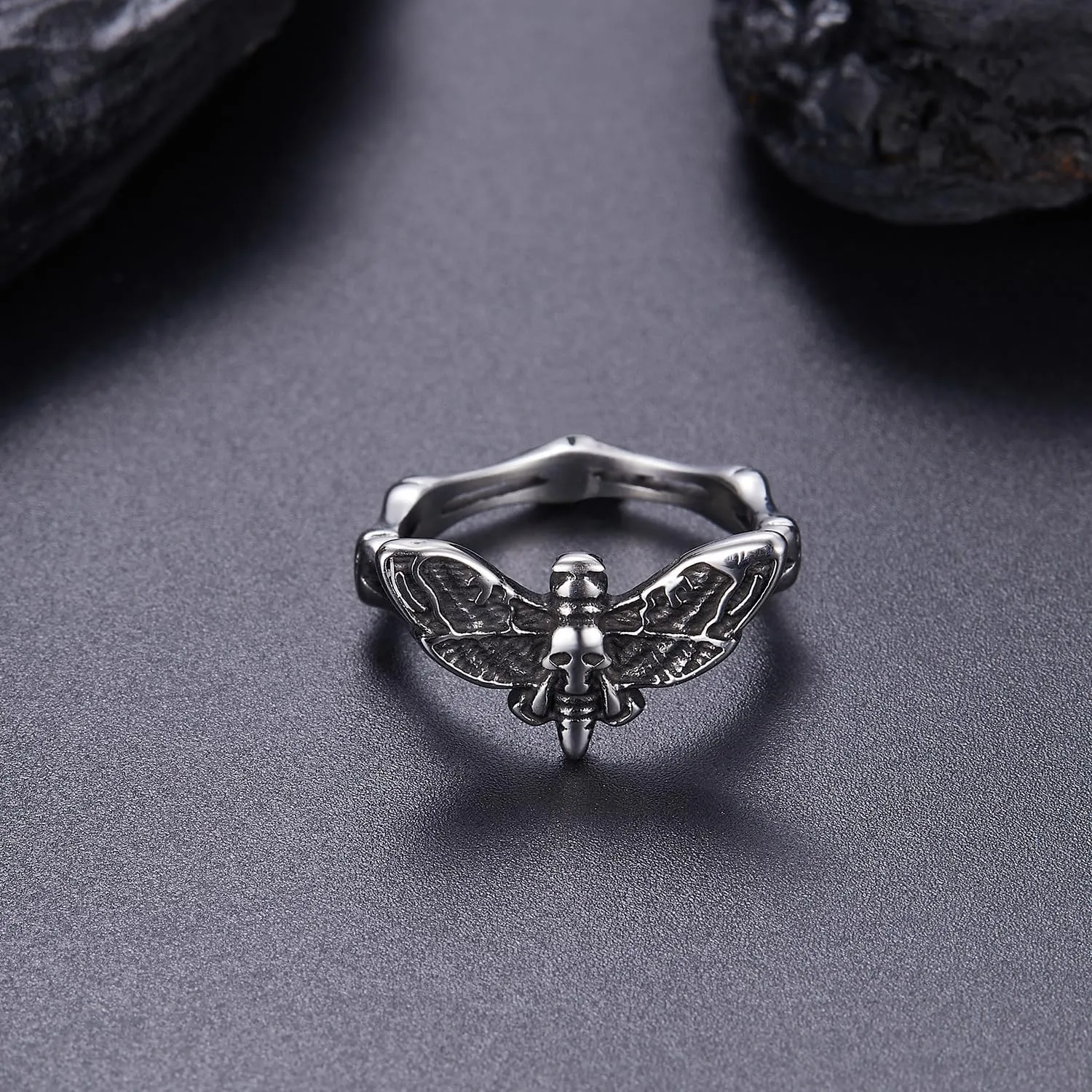 Stainless Steel Pubk Biker Skeleton Moth/Rhinoceros beetles Ring for Women Men