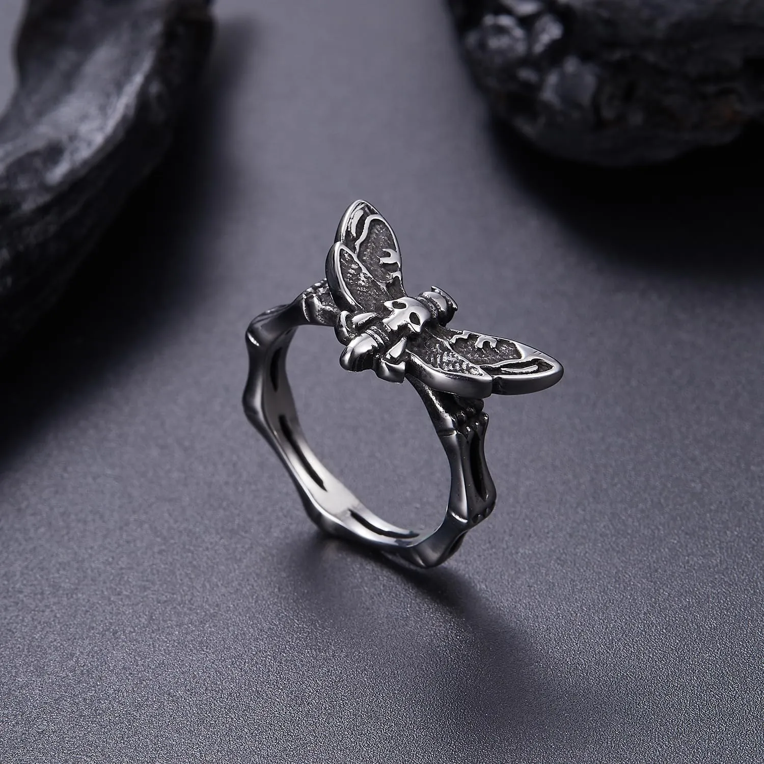 Stainless Steel Pubk Biker Skeleton Moth/Rhinoceros beetles Ring for Women Men