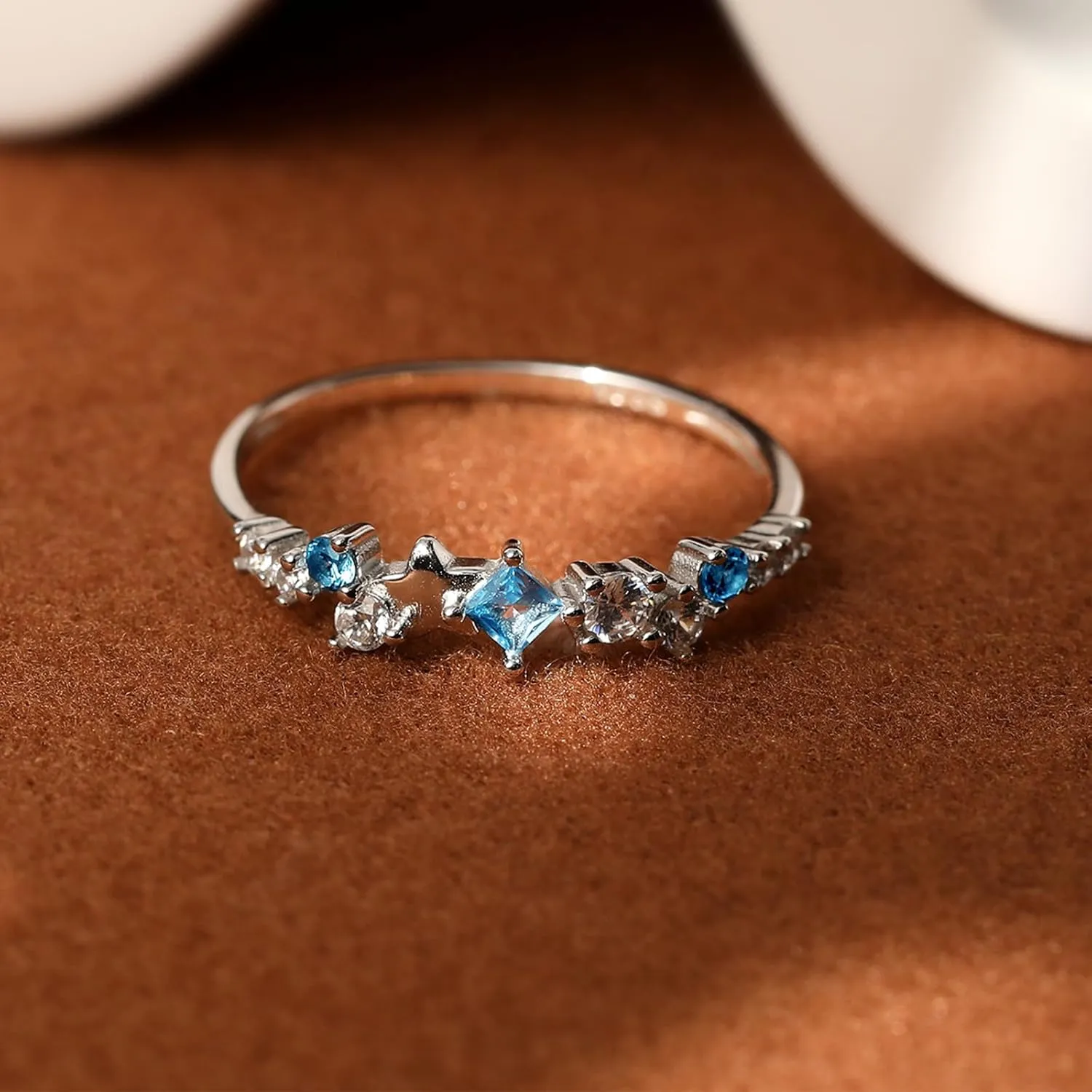 Star CZ Engagement Ring for Women,S925 Sterling Silver Blue Cubic Zirconia Stackble Birthstone Eternity Ring Wedding Band Statement Ring for Best Friends As Birthday Jewelry Size 6 to 9