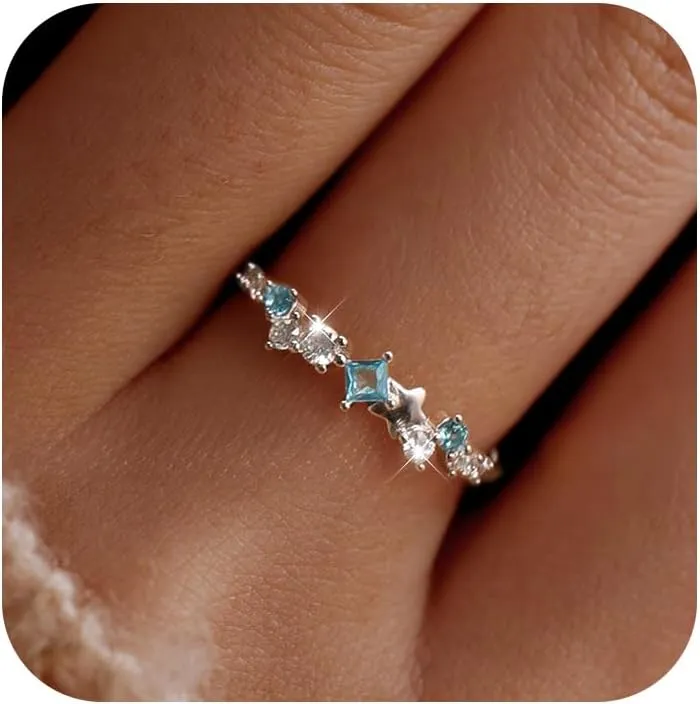Star CZ Engagement Ring for Women,S925 Sterling Silver Blue Cubic Zirconia Stackble Birthstone Eternity Ring Wedding Band Statement Ring for Best Friends As Birthday Jewelry Size 6 to 9
