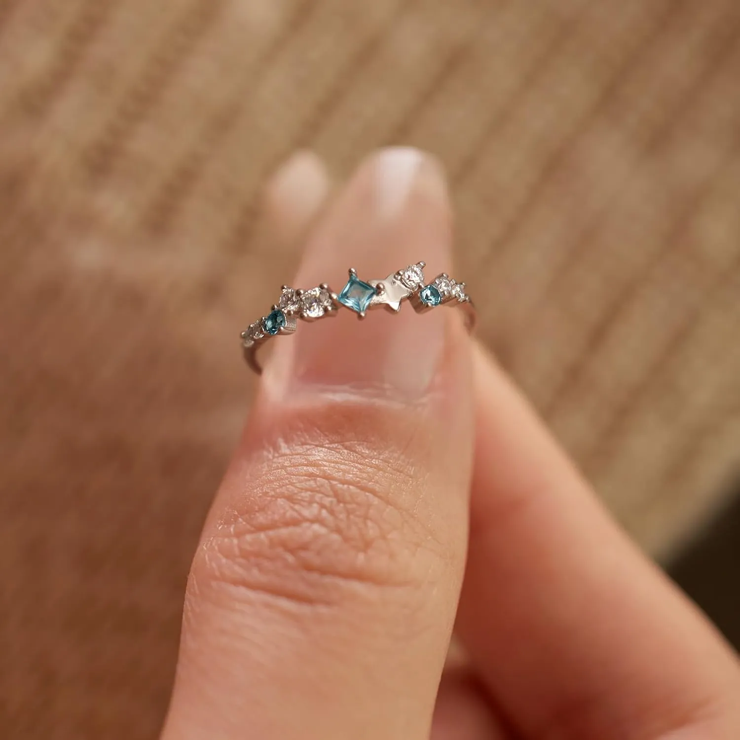 Star CZ Engagement Ring for Women,S925 Sterling Silver Blue Cubic Zirconia Stackble Birthstone Eternity Ring Wedding Band Statement Ring for Best Friends As Birthday Jewelry Size 6 to 9
