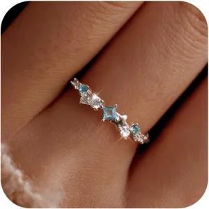 Star CZ Engagement Ring for Women,S925 Sterling Silver Blue Cubic Zirconia Stackble Birthstone Eternity Ring Wedding Band Statement Ring for Best Friends As Birthday Jewelry Size 6 to 9