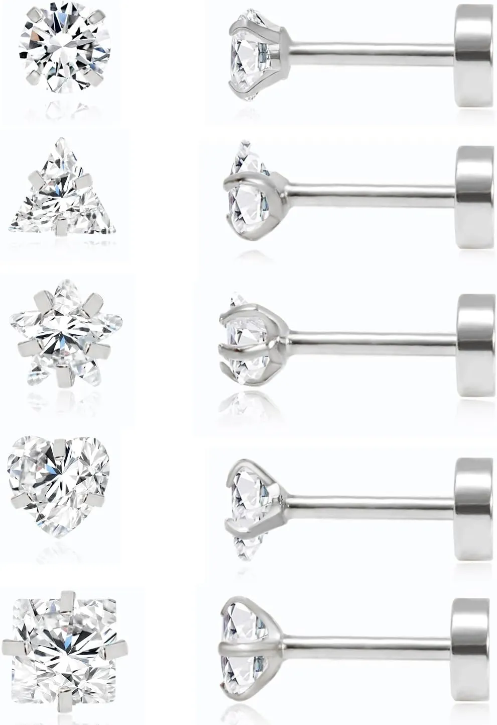 Statement Flat Back Earrings for Women Hypoallergenic: 5 Pairs 14K Gold Tiny Stud Earrings in Stainless Steel Lightweight Round Star Square Heart Triangle Cubic Zirconia Earrings Studs for Lobe, Cartilage, Helix