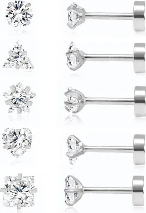 Statement Flat Back Earrings for Women Hypoallergenic: 5 Pairs 14K Gold Tiny Stud Earrings in Stainless Steel Lightweight Round Star Square Heart Triangle Cubic Zirconia Earrings Studs for Lobe, Cartilage, Helix