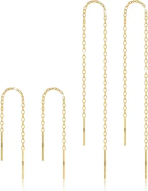Sterling Silver Threader Chain Earrings Dangle Gold Plated,Hypoallergenic and Lightweight Dainty Earrings 2 Pairs