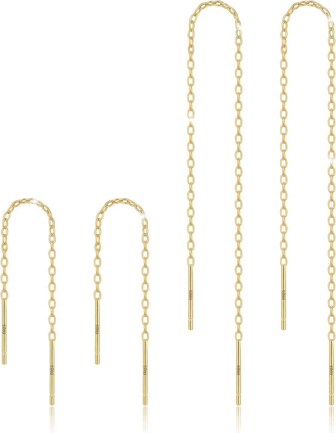 Sterling Silver Threader Chain Earrings Dangle Gold Plated,Hypoallergenic and Lightweight Dainty Earrings 2 Pairs