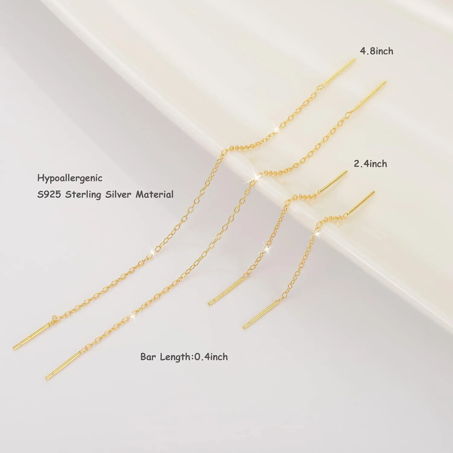 Sterling Silver Threader Chain Earrings Dangle Gold Plated,Hypoallergenic and Lightweight Dainty Earrings 2 Pairs