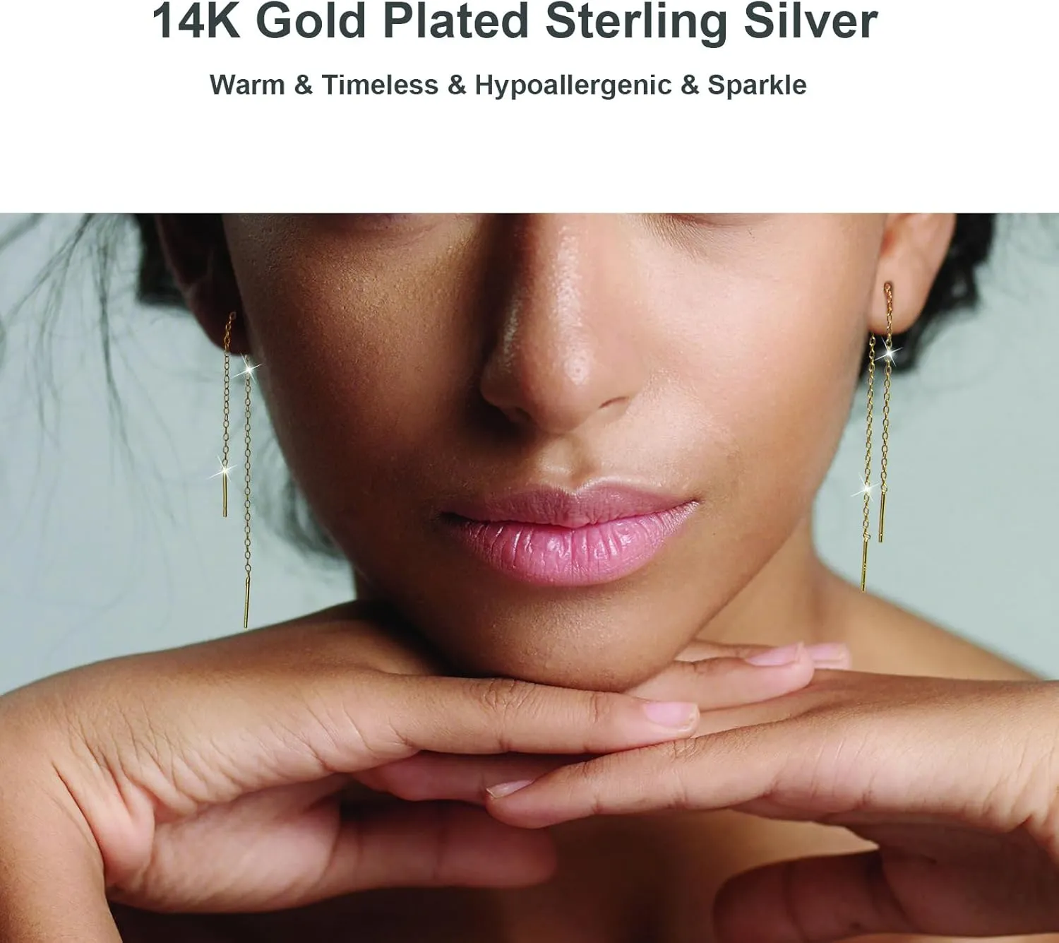 Sterling Silver Threader Chain Earrings Dangle Gold Plated,Hypoallergenic and Lightweight Dainty Earrings 2 Pairs