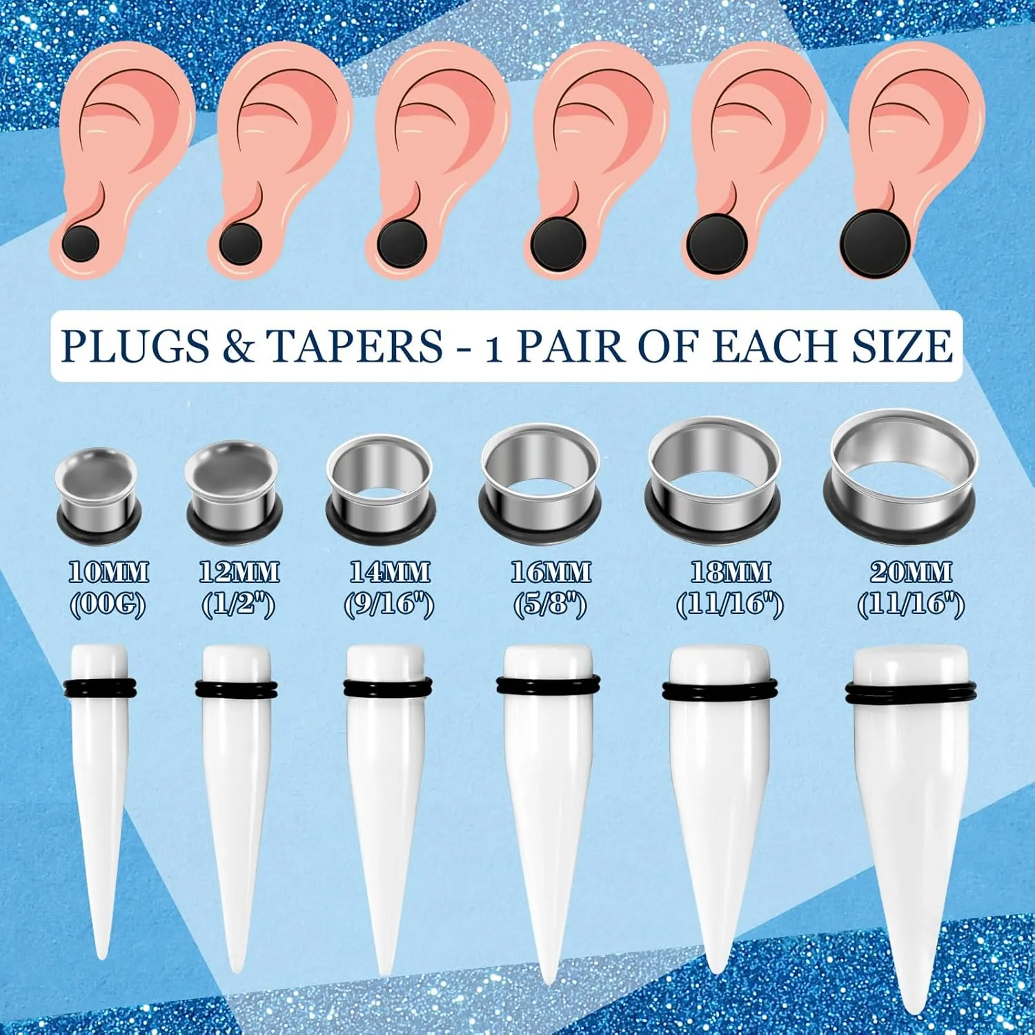 Stuppendux 24PC Colorful Ear Stretching Kit 00G-13/16'' 10-20mm Big Gauges Single Silver Stainless Steel Tunnels Plugs Solid Acrylic Tapers Stretchers Weights Expanders Set
