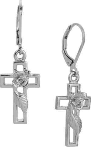 Symbols Of Faith Women's Cross And Rose Drop Earrings