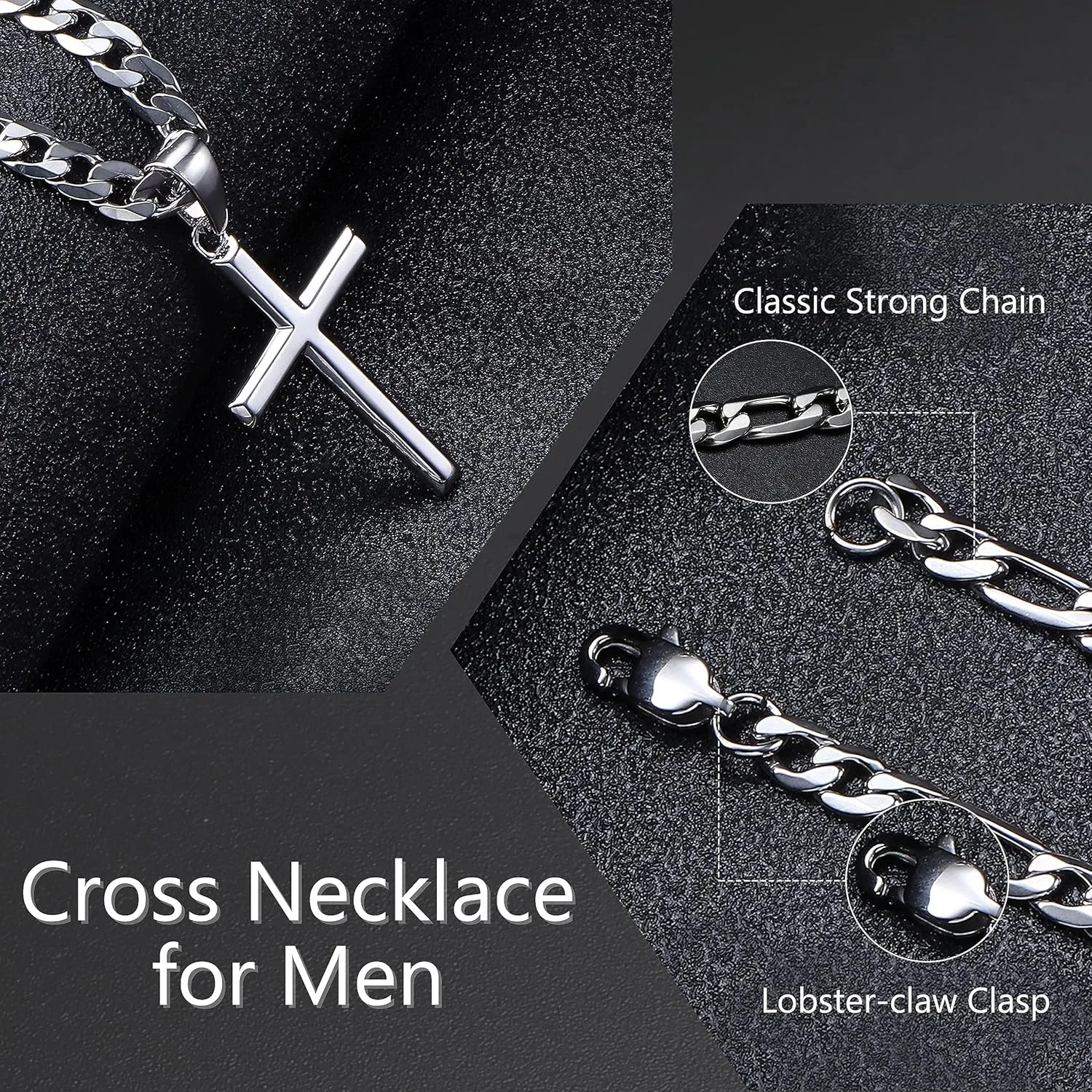 THUNARAZ 925 Sterling Silver Cross Necklace for Men Women Durable Stainless Steel Figaro Link Cuban Chain Crucifix Pendant Necklace Jewelry 2pcs Length Chains