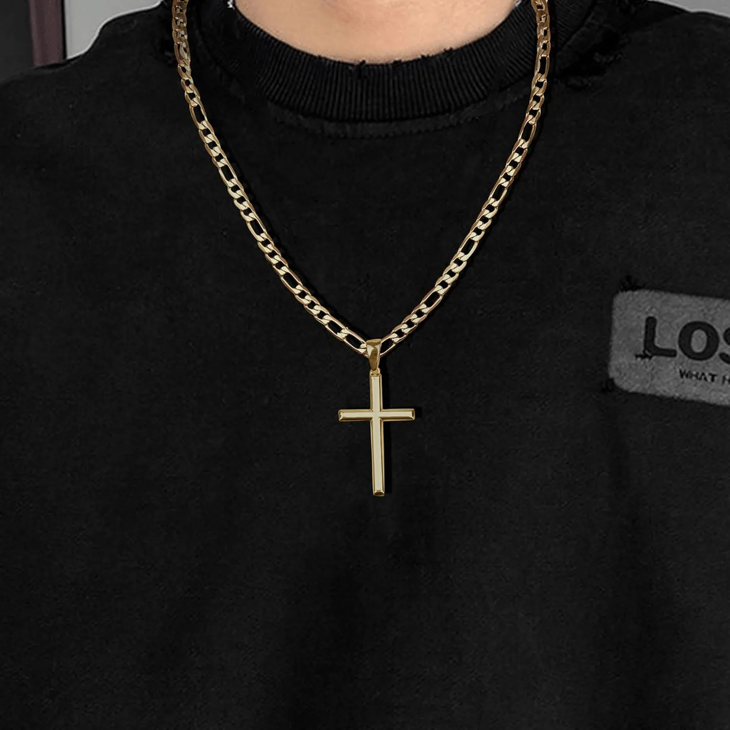 THUNARAZ 925 Sterling Silver Cross Necklace for Men Women Durable Stainless Steel Figaro Link Cuban Chain Crucifix Pendant Necklace Jewelry 2pcs Length Chains