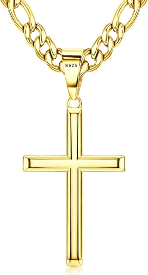 THUNARAZ 925 Sterling Silver Cross Necklace for Men Women Durable Stainless Steel Figaro Link Cuban Chain Crucifix Pendant Necklace Jewelry 2pcs Length Chains