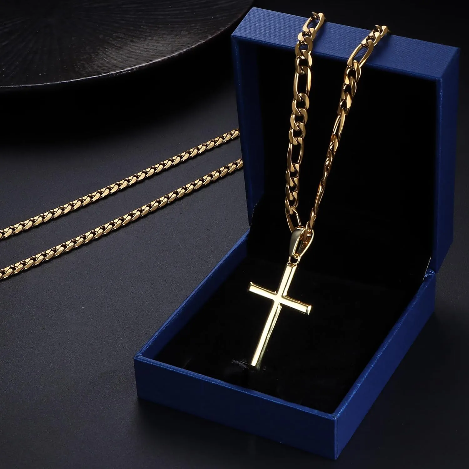 THUNARAZ 925 Sterling Silver Cross Necklace for Men Women Durable Stainless Steel Figaro Link Cuban Chain Crucifix Pendant Necklace Jewelry 2pcs Length Chains