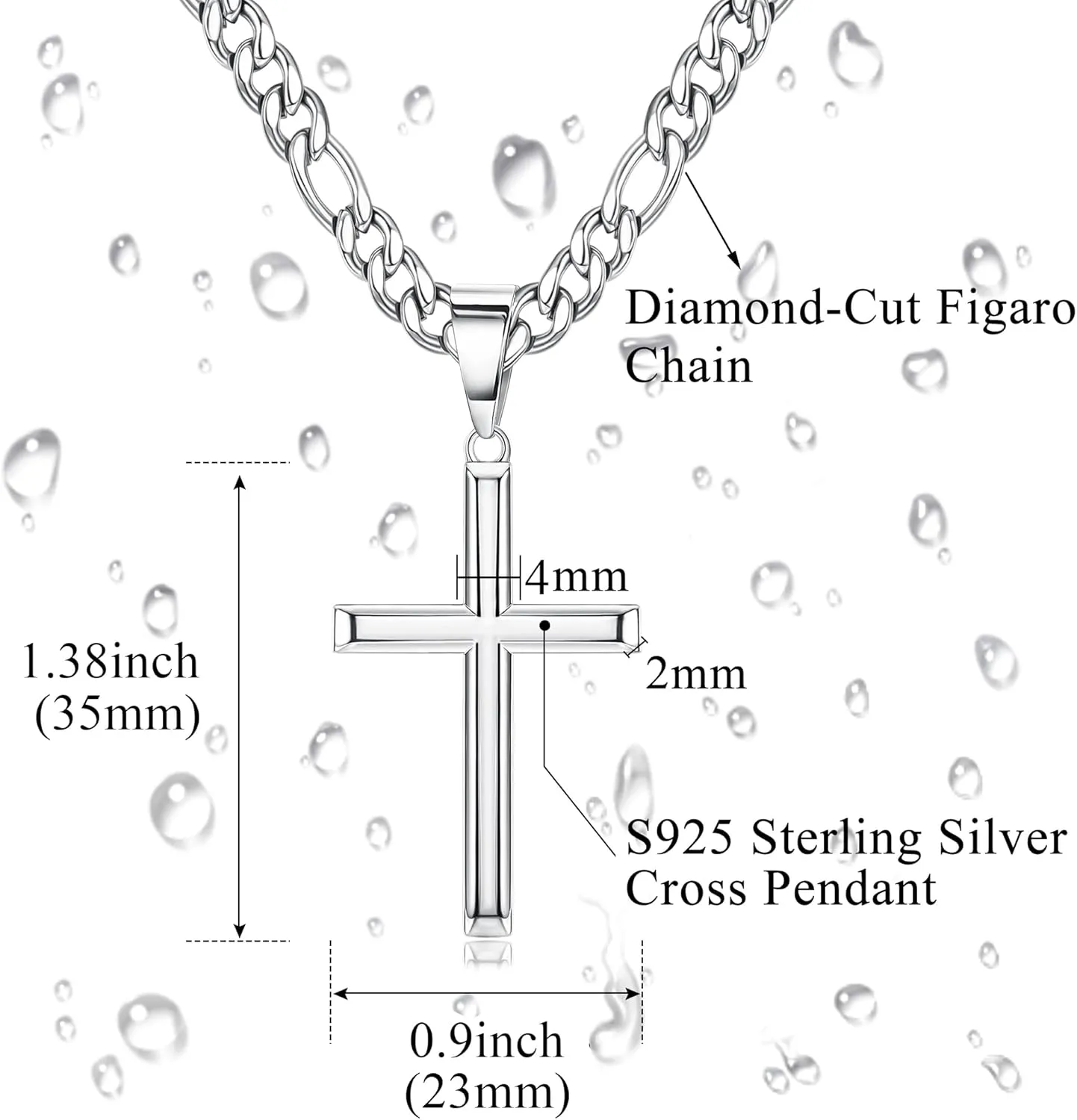 THUNARAZ 925 Sterling Silver Cross Necklace for Men Women Durable Stainless Steel Figaro Link Cuban Chain Crucifix Pendant Necklace Jewelry 2pcs Length Chains