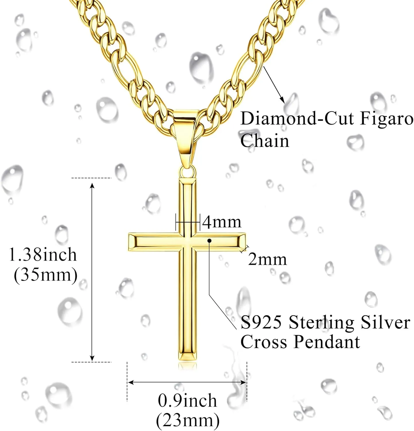 THUNARAZ 925 Sterling Silver Cross Necklace for Men Women Durable Stainless Steel Figaro Link Cuban Chain Crucifix Pendant Necklace Jewelry 2pcs Length Chains