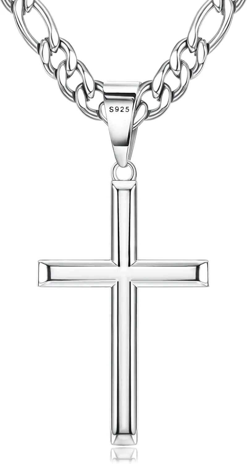 THUNARAZ 925 Sterling Silver Cross Necklace for Men Women Durable Stainless Steel Figaro Link Cuban Chain Crucifix Pendant Necklace Jewelry 2pcs Length Chains