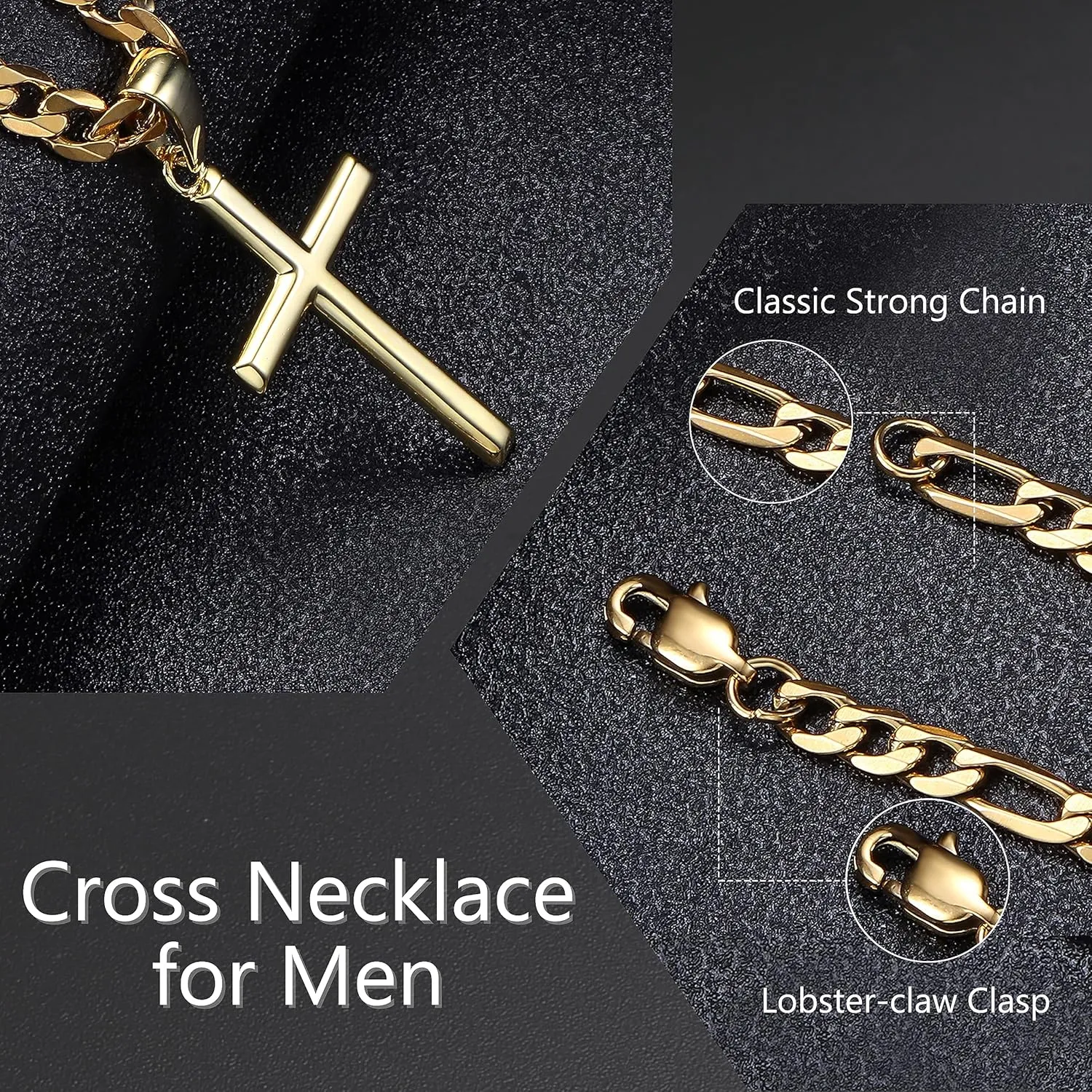 THUNARAZ 925 Sterling Silver Cross Necklace for Men Women Durable Stainless Steel Figaro Link Cuban Chain Crucifix Pendant Necklace Jewelry 2pcs Length Chains