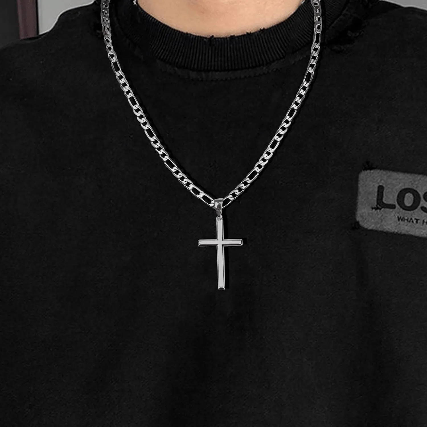 THUNARAZ 925 Sterling Silver Cross Necklace for Men Women Durable Stainless Steel Figaro Link Cuban Chain Crucifix Pendant Necklace Jewelry 2pcs Length Chains