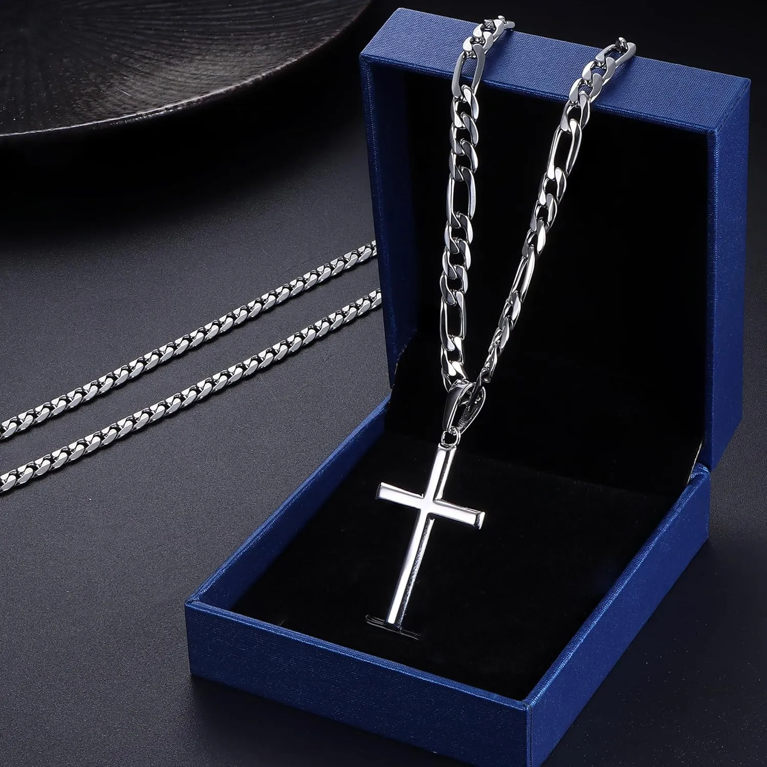 THUNARAZ 925 Sterling Silver Cross Necklace for Men Women Durable Stainless Steel Figaro Link Cuban Chain Crucifix Pendant Necklace Jewelry 2pcs Length Chains