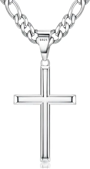 THUNARAZ 925 Sterling Silver Cross Necklace for Men Women Durable Stainless Steel Figaro Link Cuban Chain Crucifix Pendant Necklace Jewelry 2pcs Length Chains