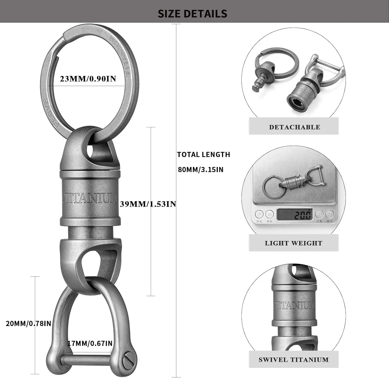 TISUR Titanium Quick Release Swivel Keychain, Detachable Keychain Pull Apart Key Chain Carabiner Holder for Car Keys