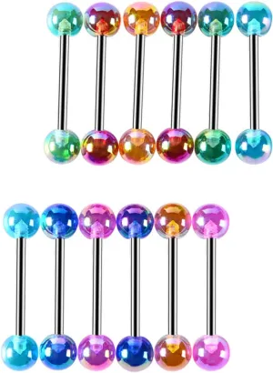 Titanium Steel Nipple Tongue Rings Acrylic Barbell Colorful Set Piercing Jewelry Body Retainer 14G(1.6mm) 16mm 6 Pairs