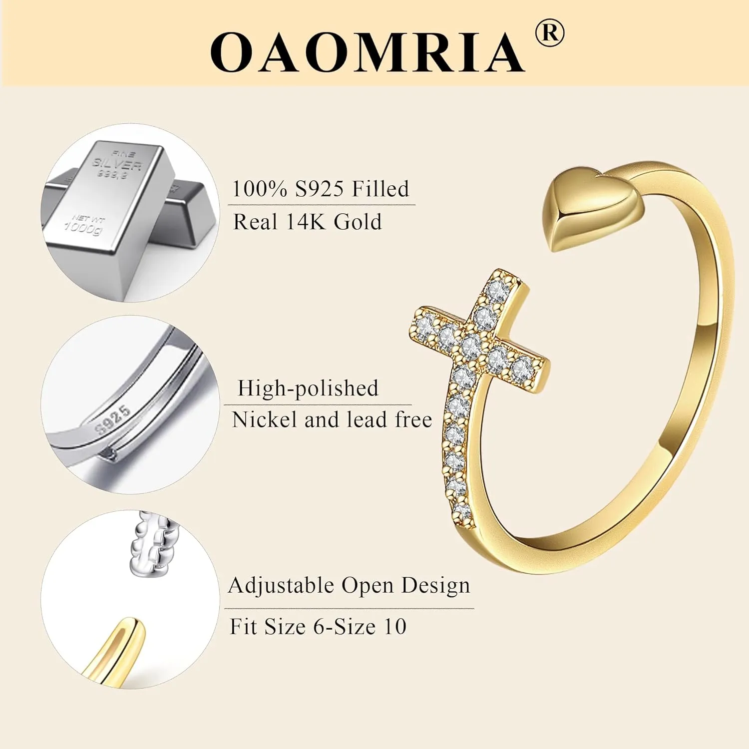 To My Daughter Rings S925 Sterling Silver Cross Ring for Women Cubic Zirconia Sterling Silver Adjustable Ring Christian Pray Cross Thumb Rings With Inspirational Card