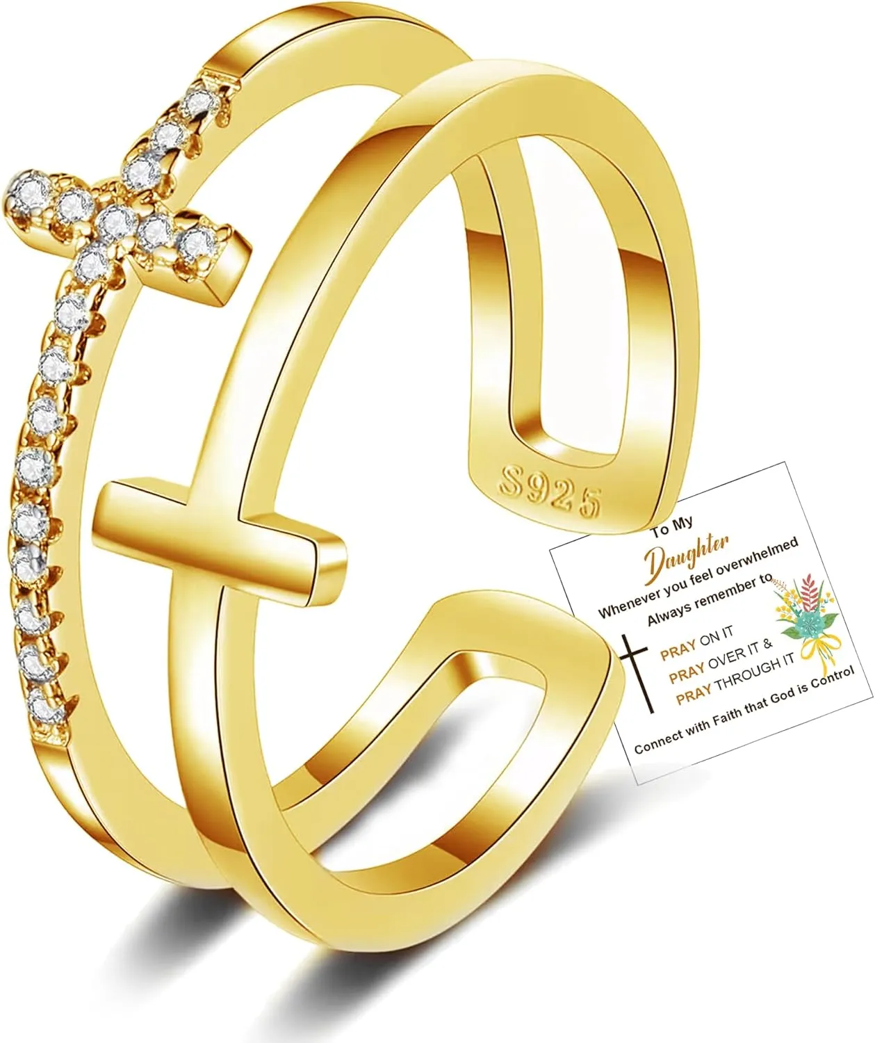 To My Daughter Rings S925 Sterling Silver Cross Ring for Women Cubic Zirconia Sterling Silver Adjustable Ring Christian Pray Cross Thumb Rings With Inspirational Card