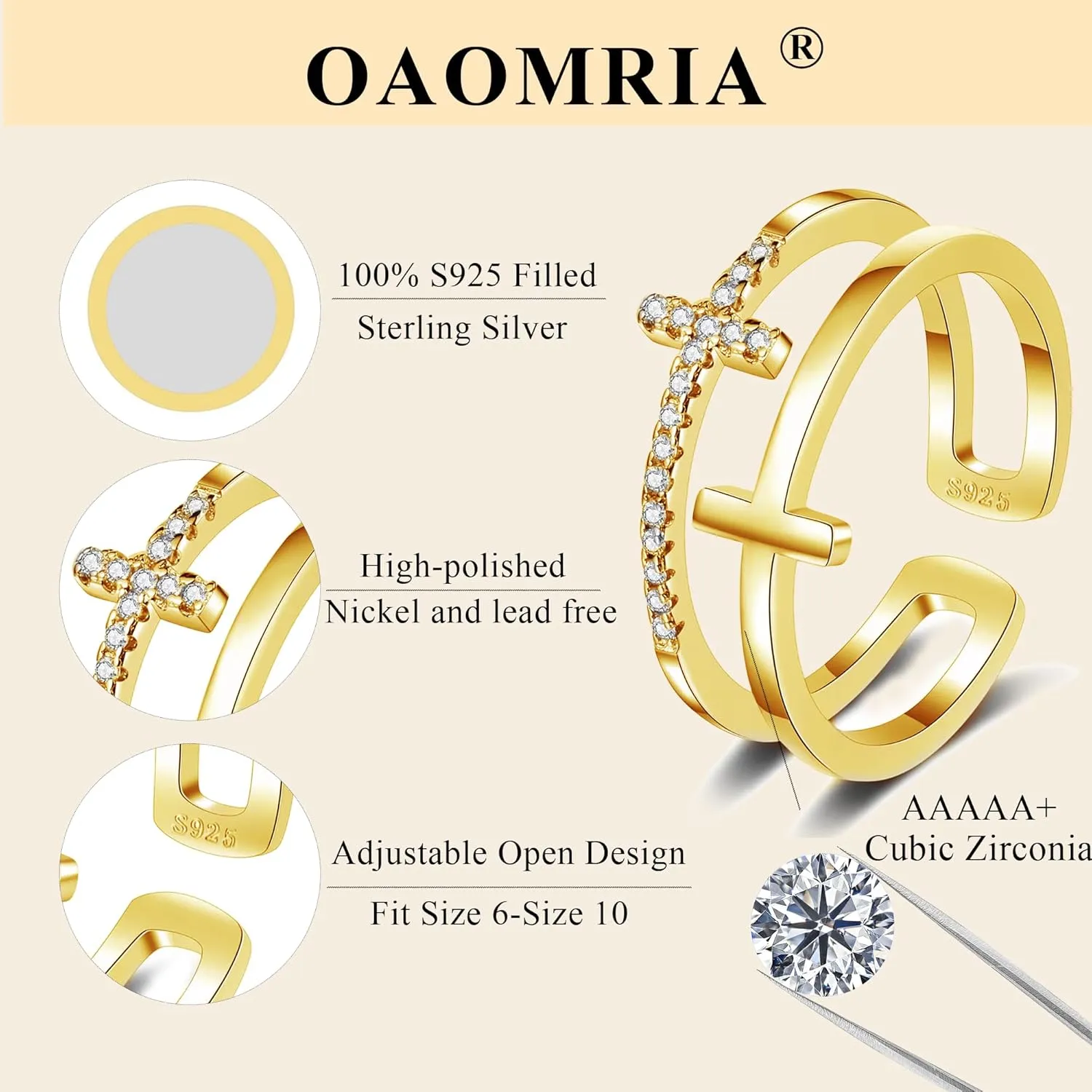 To My Daughter Rings S925 Sterling Silver Cross Ring for Women Cubic Zirconia Sterling Silver Adjustable Ring Christian Pray Cross Thumb Rings With Inspirational Card