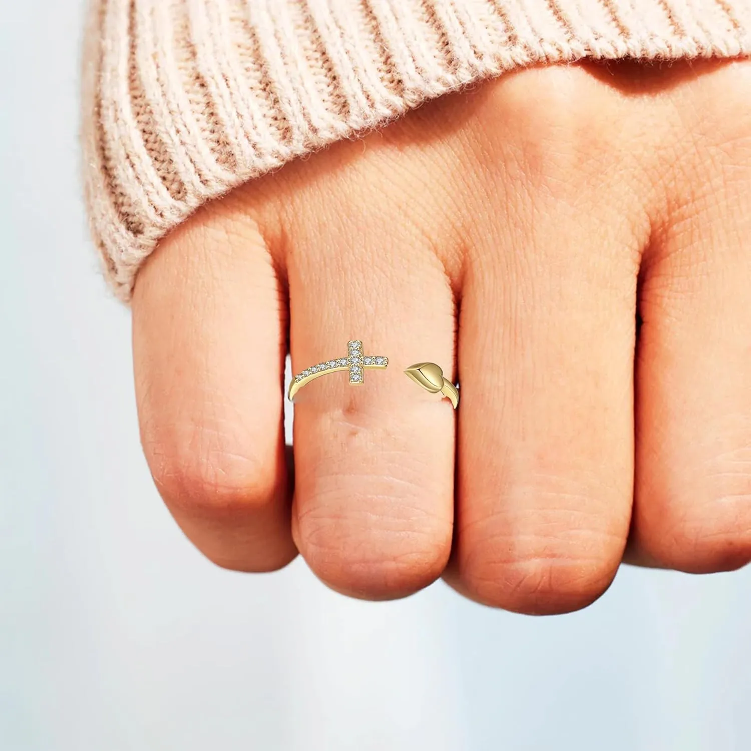 To My Daughter Rings S925 Sterling Silver Cross Ring for Women Cubic Zirconia Sterling Silver Adjustable Ring Christian Pray Cross Thumb Rings With Inspirational Card