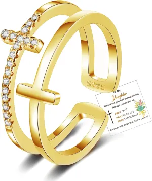 To My Daughter Rings S925 Sterling Silver Cross Ring for Women Cubic Zirconia Sterling Silver Adjustable Ring Christian Pray Cross Thumb Rings With Inspirational Card