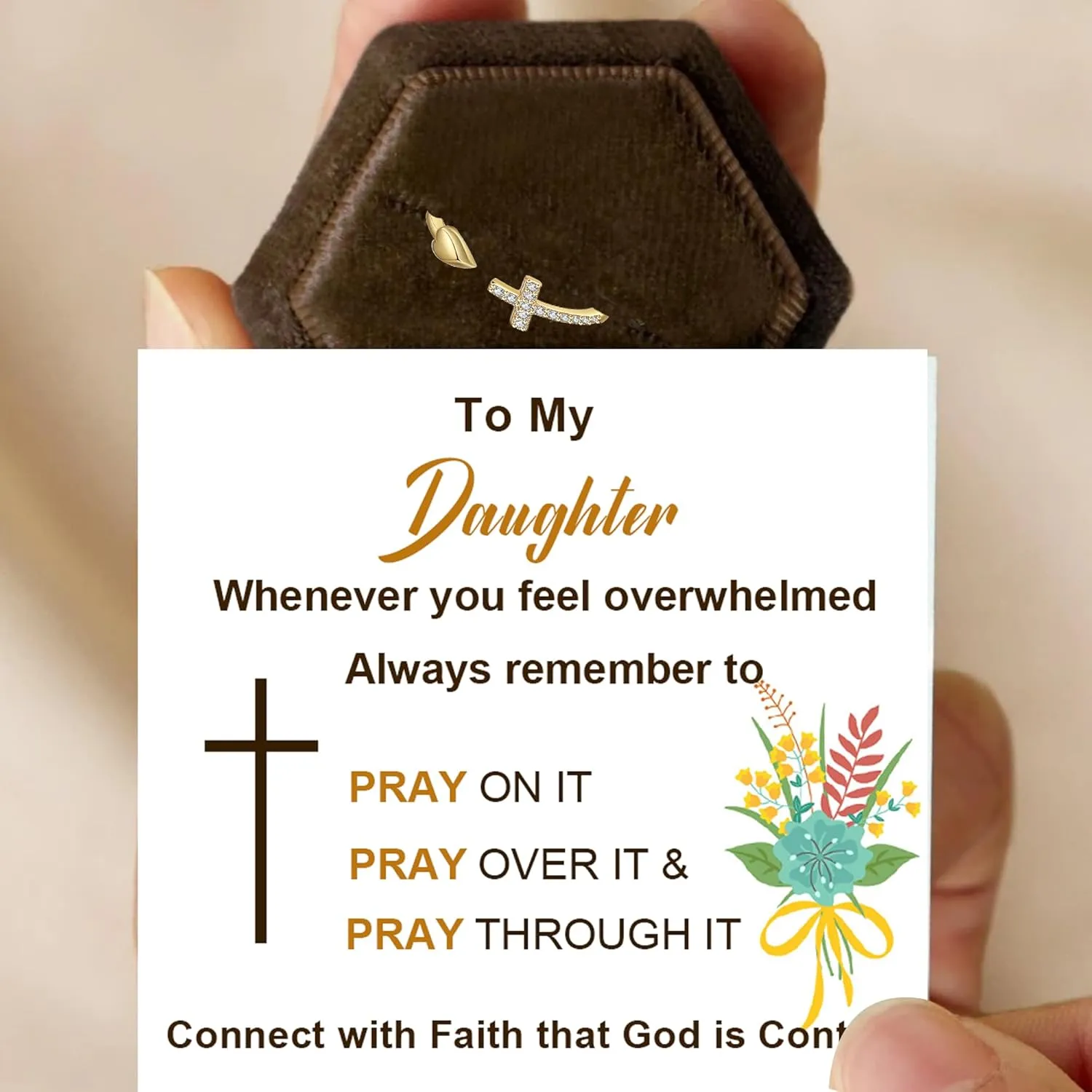 To My Daughter Rings S925 Sterling Silver Cross Ring for Women Cubic Zirconia Sterling Silver Adjustable Ring Christian Pray Cross Thumb Rings With Inspirational Card