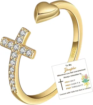 To My Daughter Rings S925 Sterling Silver Cross Ring for Women Cubic Zirconia Sterling Silver Adjustable Ring Christian Pray Cross Thumb Rings With Inspirational Card
