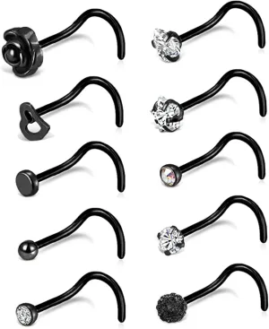 Tornito 20G 10Pcs Stainless Steel Nose Screw Studs Rings CZ Nose Ring Labret Nose Piercing Jewelry for Men Women Silver Rose Gold Tone