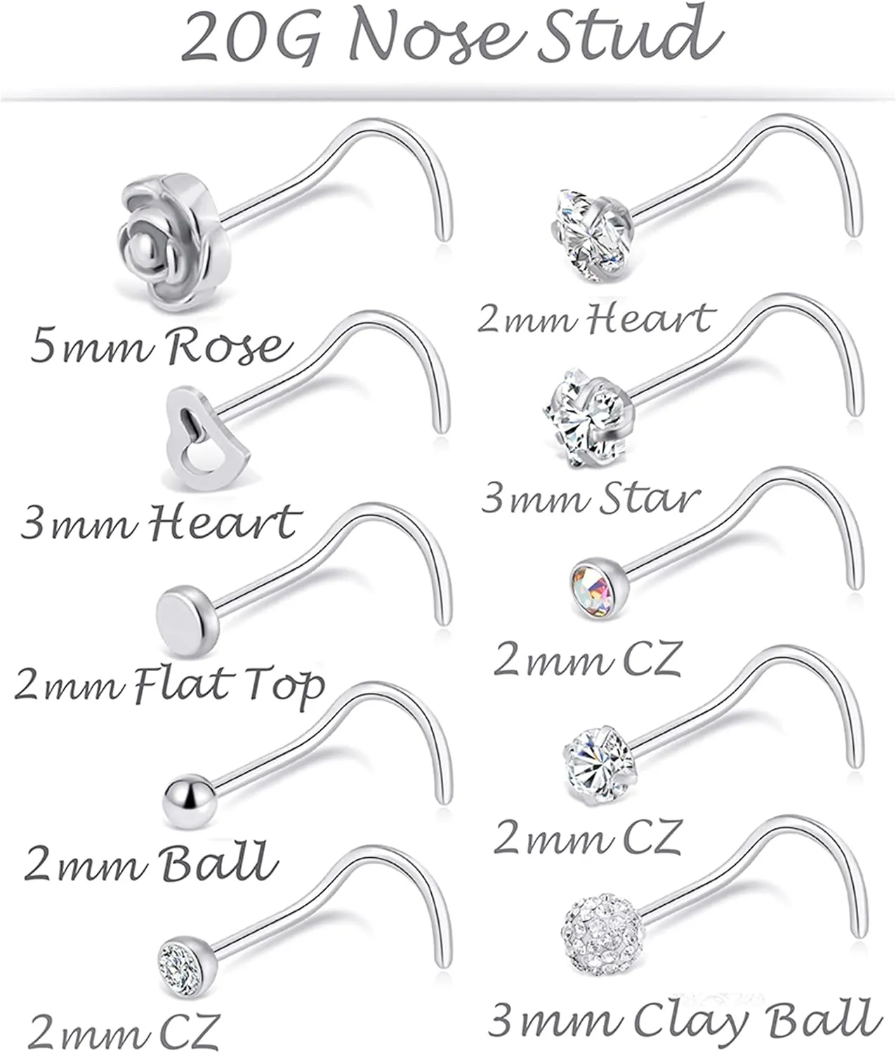 Tornito 20G 10Pcs Stainless Steel Nose Screw Studs Rings CZ Nose Ring Labret Nose Piercing Jewelry for Men Women Silver Rose Gold Tone