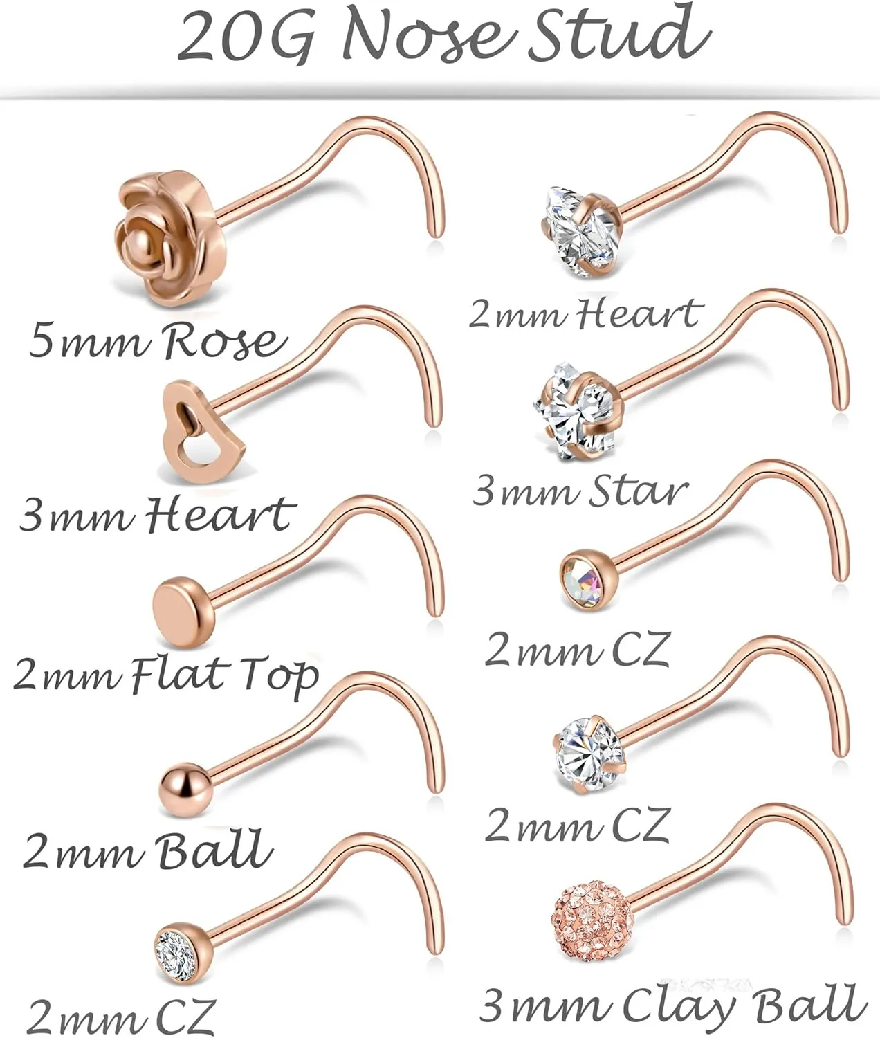 Tornito 20G 10Pcs Stainless Steel Nose Screw Studs Rings CZ Nose Ring Labret Nose Piercing Jewelry for Men Women Silver Rose Gold Tone