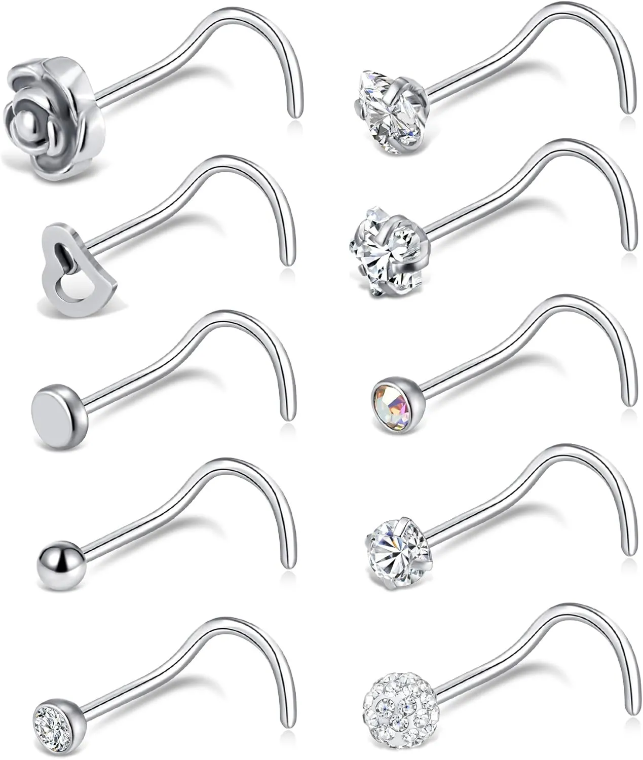 Tornito 20G 10Pcs Stainless Steel Nose Screw Studs Rings CZ Nose Ring Labret Nose Piercing Jewelry for Men Women Silver Rose Gold Tone