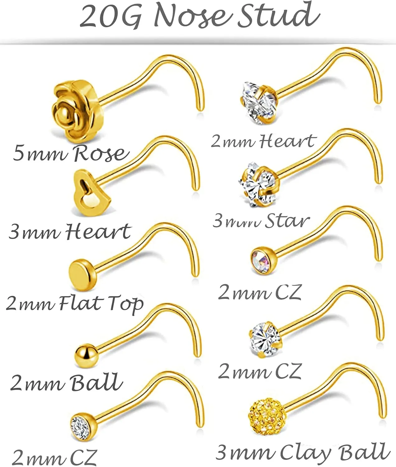 Tornito 20G 10Pcs Stainless Steel Nose Screw Studs Rings CZ Nose Ring Labret Nose Piercing Jewelry for Men Women Silver Rose Gold Tone