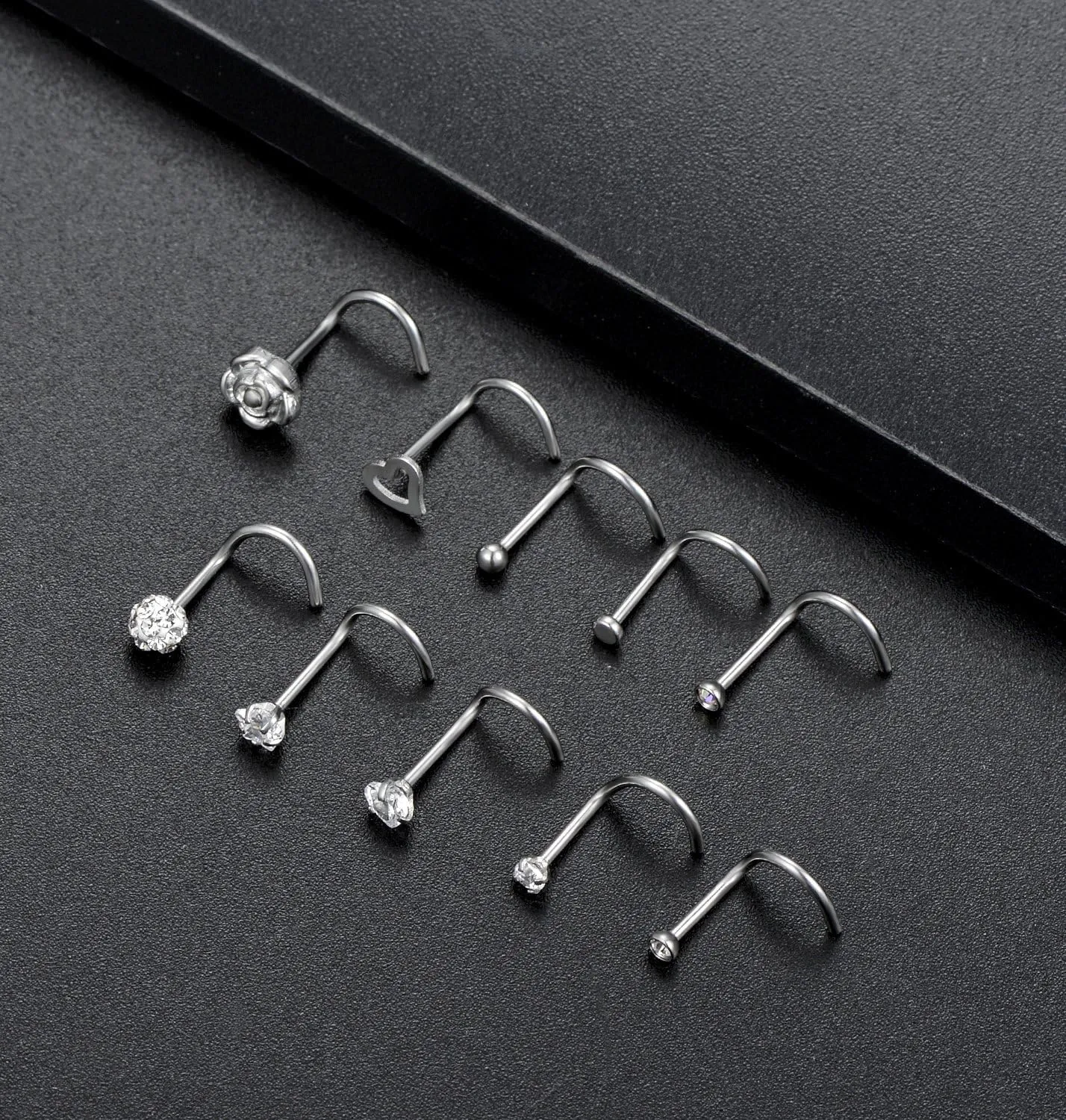 Tornito 20G 10Pcs Stainless Steel Nose Screw Studs Rings CZ Nose Ring Labret Nose Piercing Jewelry for Men Women Silver Rose Gold Tone