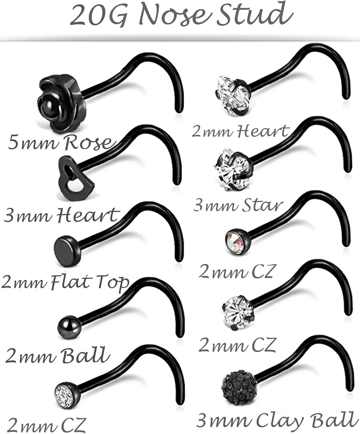 Tornito 20G 10Pcs Stainless Steel Nose Screw Studs Rings CZ Nose Ring Labret Nose Piercing Jewelry for Men Women Silver Rose Gold Tone