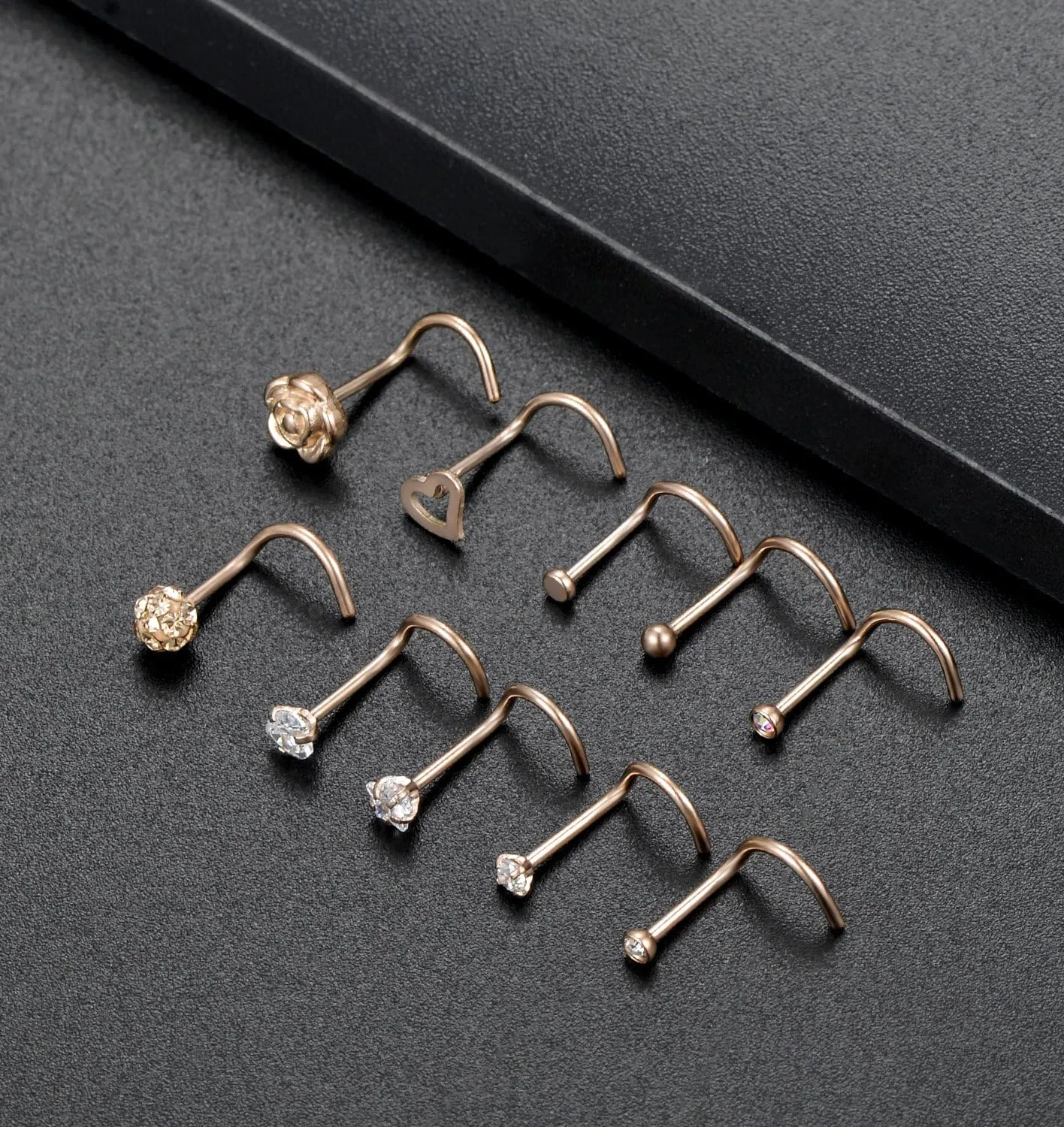 Tornito 20G 10Pcs Stainless Steel Nose Screw Studs Rings CZ Nose Ring Labret Nose Piercing Jewelry for Men Women Silver Rose Gold Tone