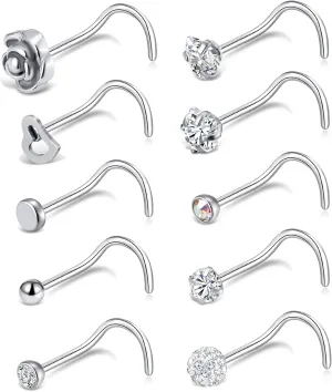 Tornito 20G 10Pcs Stainless Steel Nose Screw Studs Rings CZ Nose Ring Labret Nose Piercing Jewelry for Men Women Silver Rose Gold Tone