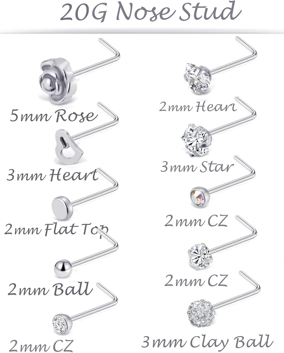 Tornito 20G 20Pcs Stainless Steel Nose Bone L Shaped Screw Studs Rings CZ Nose Ring Labret Nose Piercing Jewelry for Men Women (A1:20Pcs)