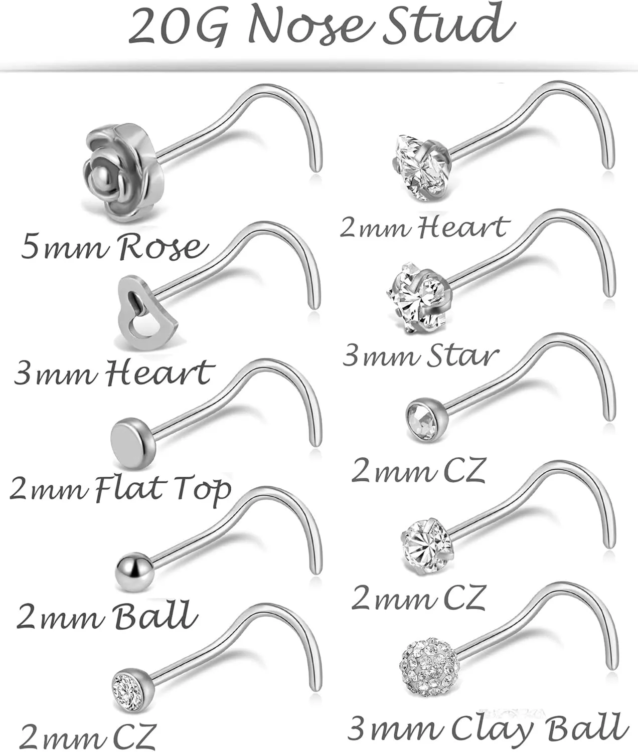 Tornito 20G 20Pcs Stainless Steel Nose Bone L Shaped Screw Studs Rings CZ Nose Ring Labret Nose Piercing Jewelry for Men Women (A1:20Pcs)