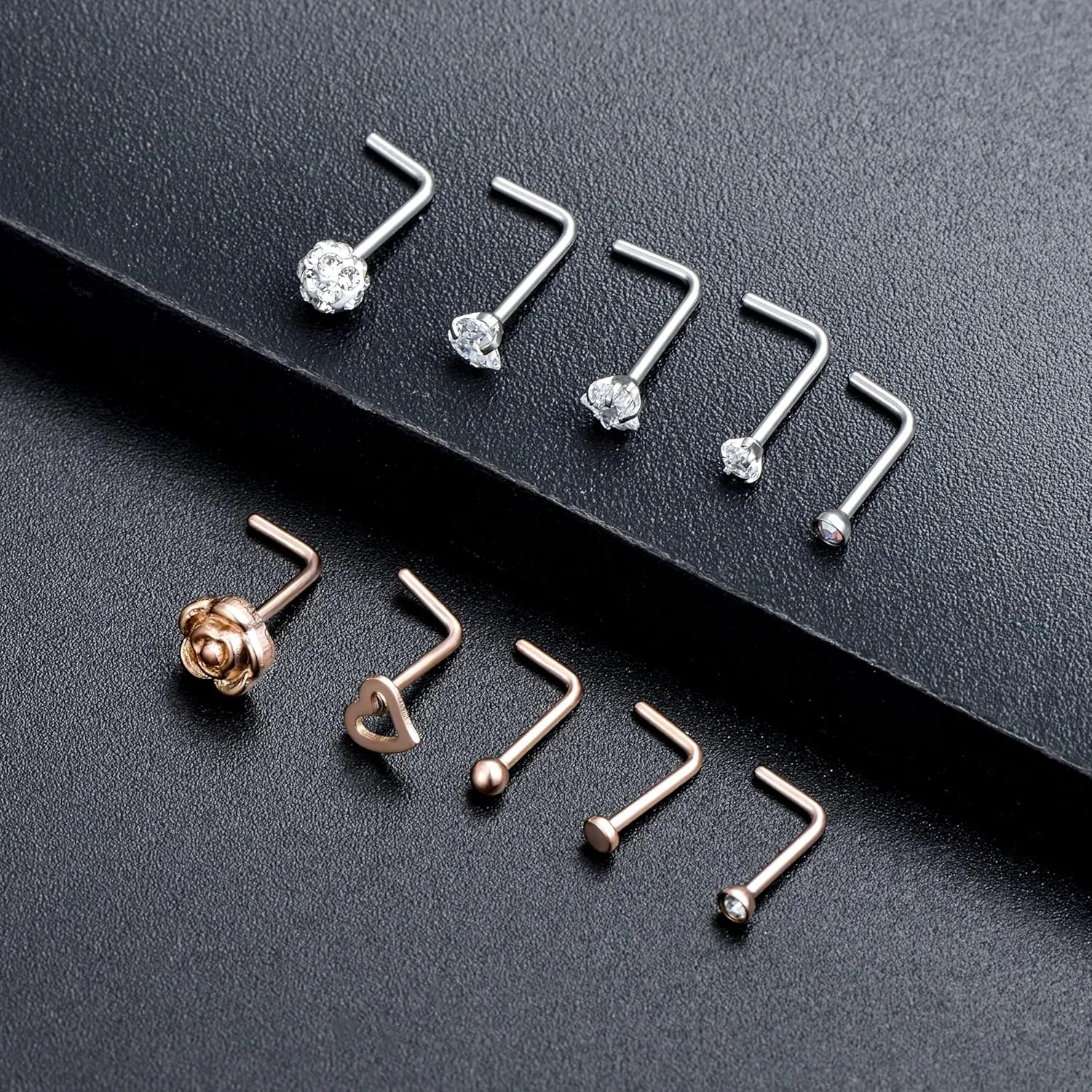 Tornito 20G 20Pcs Stainless Steel Nose Bone L Shaped Screw Studs Rings CZ Nose Ring Labret Nose Piercing Jewelry for Men Women (A1:20Pcs)