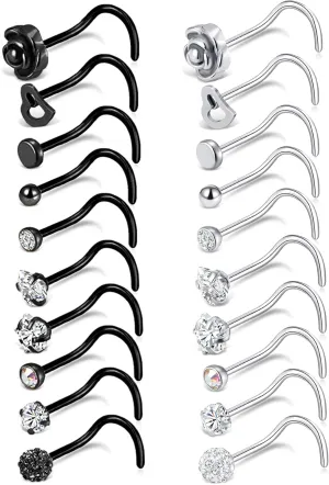 Tornito 20G 20Pcs Stainless Steel Nose Bone L Shaped Screw Studs Rings CZ Nose Ring Labret Nose Piercing Jewelry for Men Women (A1:20Pcs)