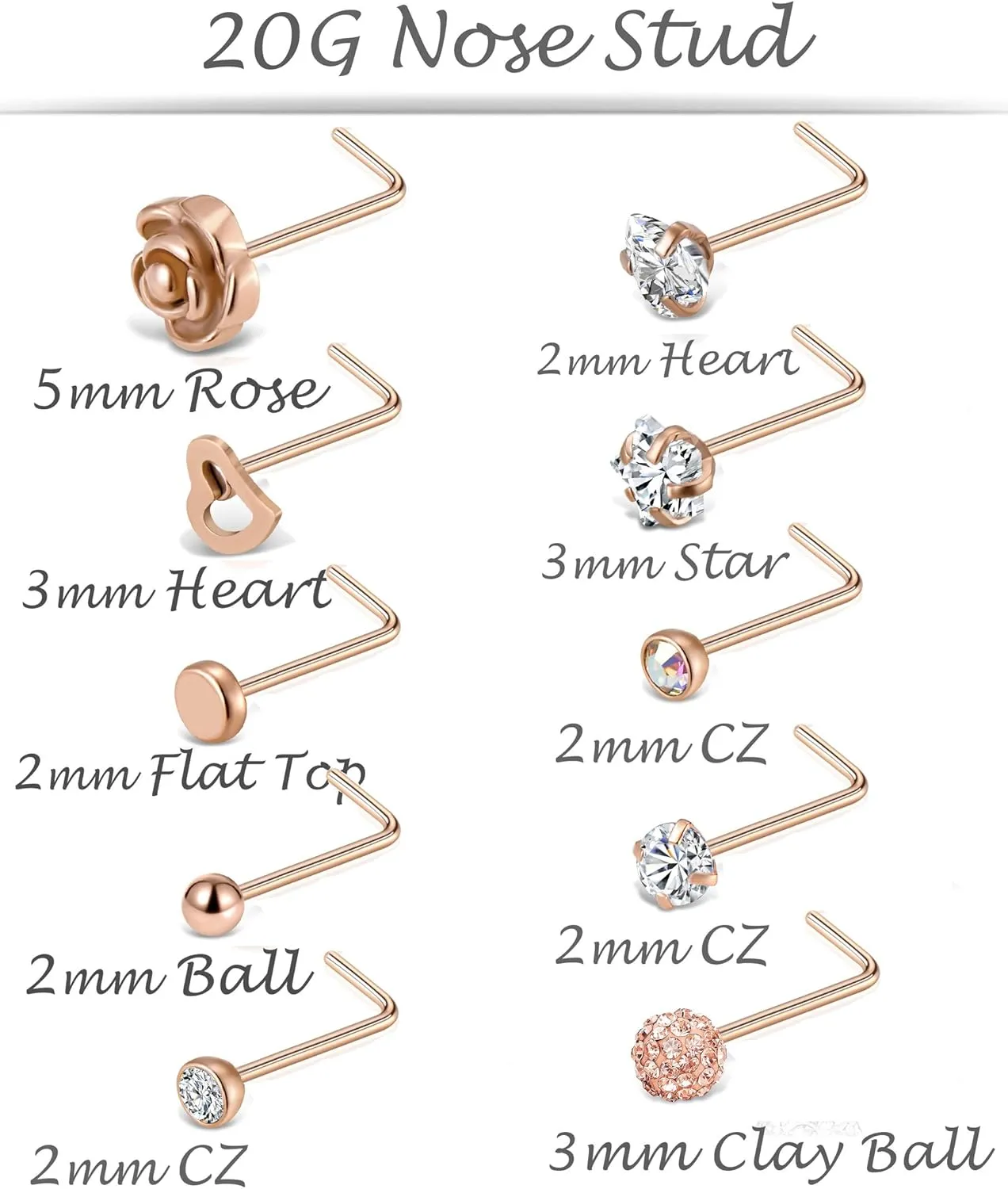 Tornito 20G 20Pcs Stainless Steel Nose Bone L Shaped Screw Studs Rings CZ Nose Ring Labret Nose Piercing Jewelry for Men Women (A1:20Pcs)