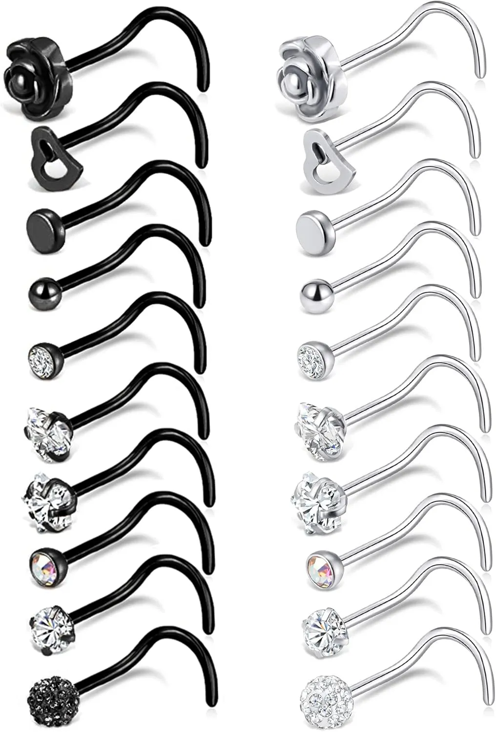 Tornito 20G 20Pcs Stainless Steel Nose Bone L Shaped Screw Studs Rings CZ Nose Ring Labret Nose Piercing Jewelry for Men Women (A1:20Pcs)